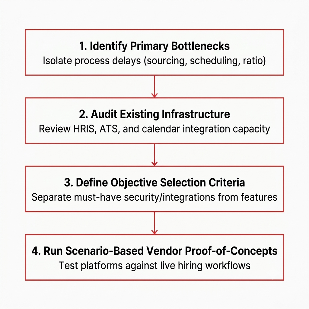 Identify Primary Bottlenecks: Determine whether your recruitment delay stems from candidate volume, slow screening response times, or interview scheduling friction.

Audit Existing Infrastructure: Map every existing HR tool to evaluate integration capabilities, usage rates, and redundant software spend.

Define Objective Selection Criteria: Evaluate tools based on user experience, system security, data privacy compliance, and ATS integration flexibility.

Run Scenario-Based Vendor Proof-of-Concepts: Test platforms using actual hiring scenarios rather than generic vendor sales demonstrations.